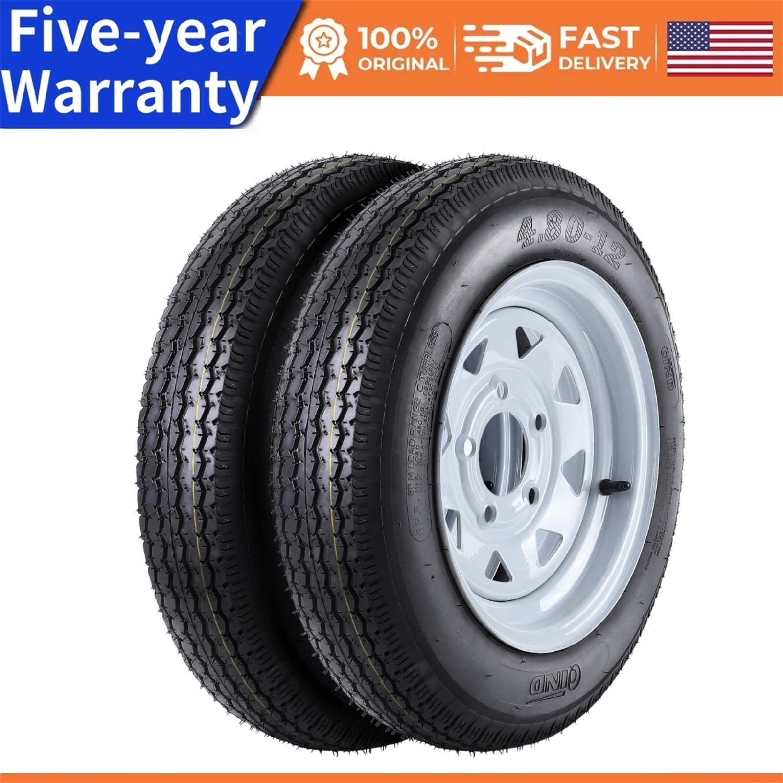 2 Pack 4.80-12 Trailer Tires with 12" Rims 5 Lug on 4.5" Center Bore 2.95" 6Ply