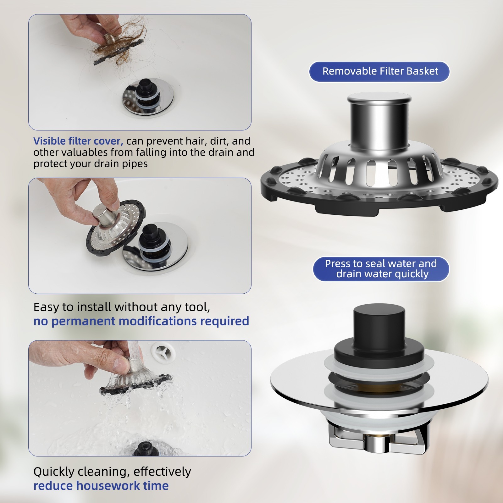 Universal Bathtub Drain Stopper - Pop-Up Hair Catcher for Tub 1.5 to 2.4" Hole