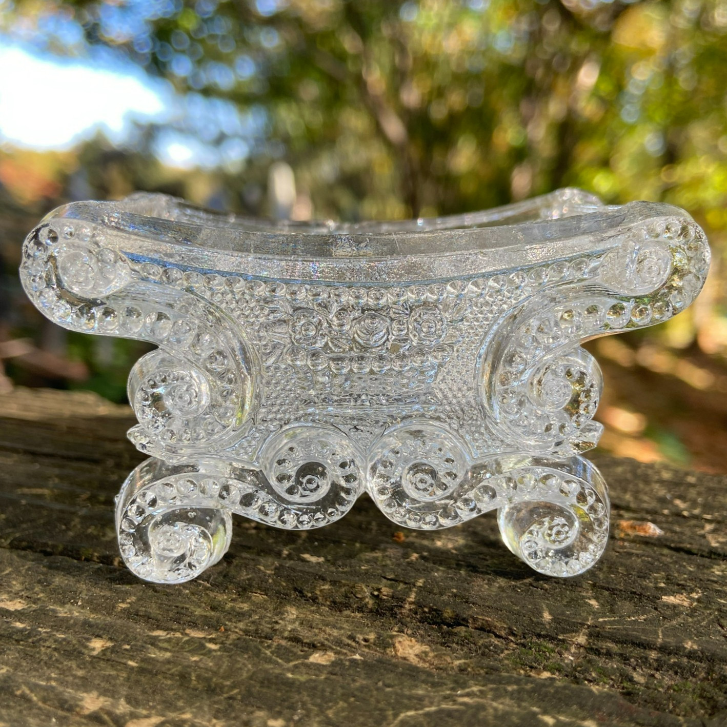 Antique 1830s Lacy Flint Glass Beaded Scroll + Basket of Flowers Open Salt BS-3A