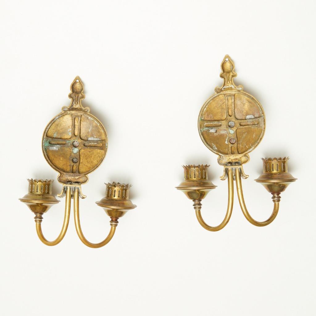 Pair Patinated Brass Etched Grape Glass Hurricane Two Armed Sconces 12.25"h