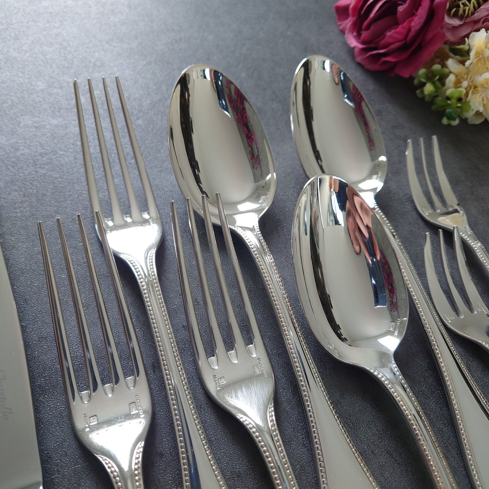Christofle Perles 15pcs Silverplate Flatware Knife Fork Spoon Excellent