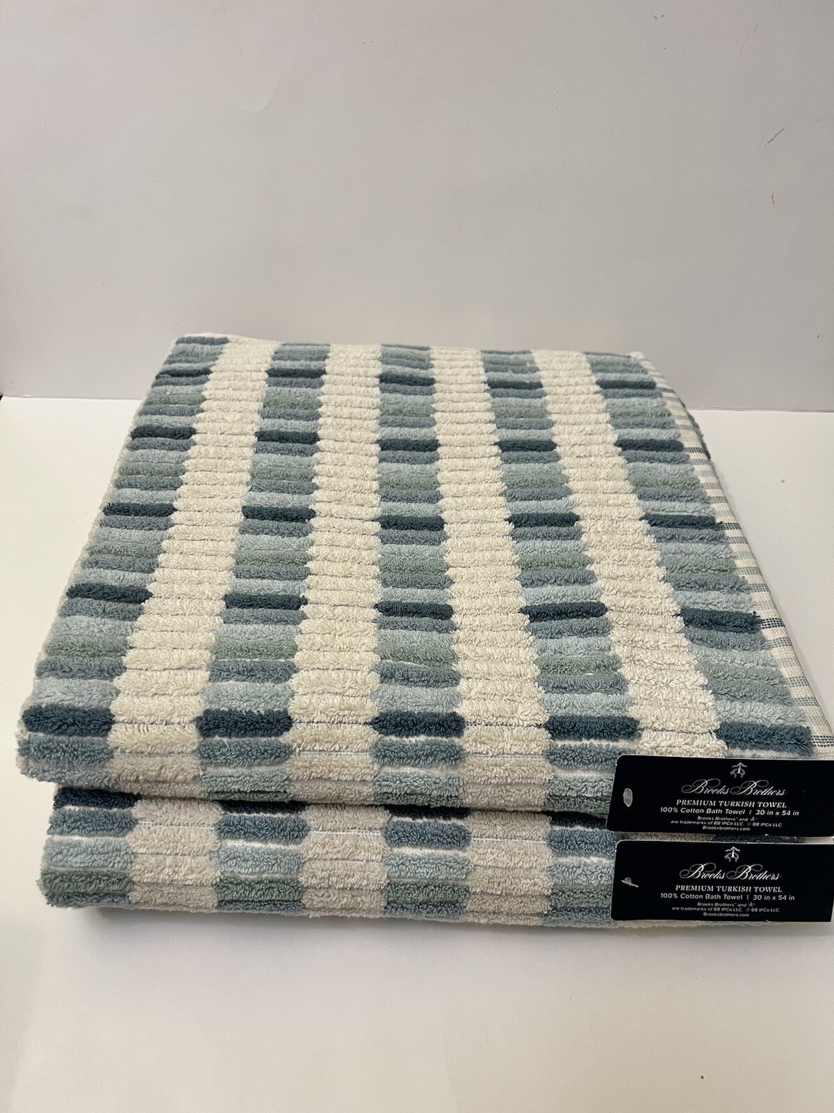 Brooks Brothers 2 Bath 2 Hand Premium Turkish Towel Set Tiles Ocean Blues Ecru