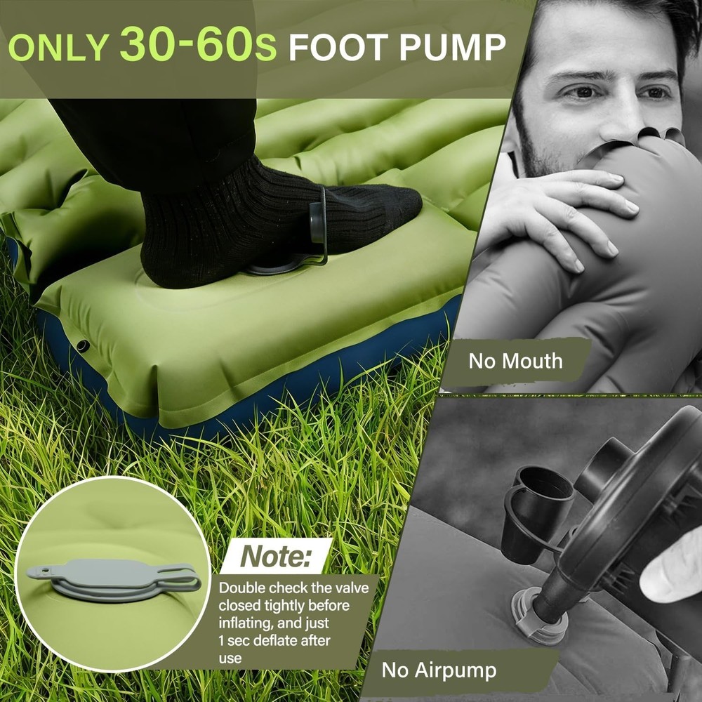 Compact Waterproof Camping Sleeping Pad with Integrated Pump - Single Size Green