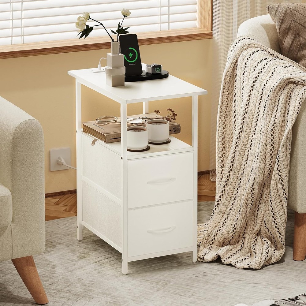Somdot End Table with Charging Station,Narrow Side 2 Fabric White