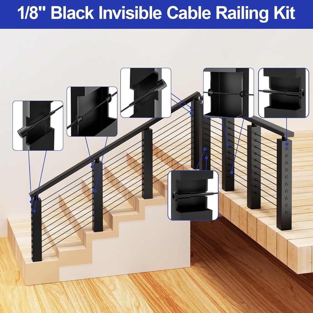 1/8" Black Invisible Receiver and Swage Stud End Fitss Cable Railing 60 Pack