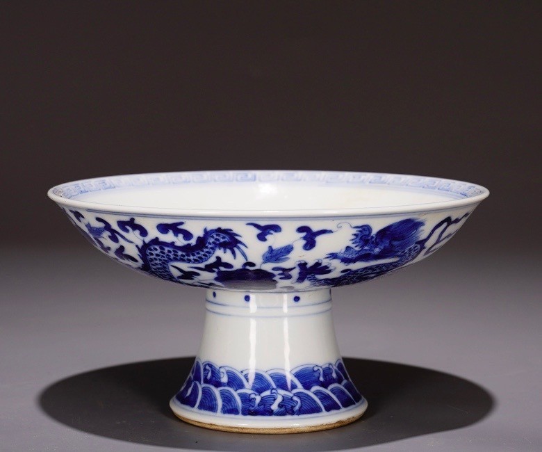 7.6'' Kangxi Marked Blue white Porcelain dragon loong beast Tray Dish Plate