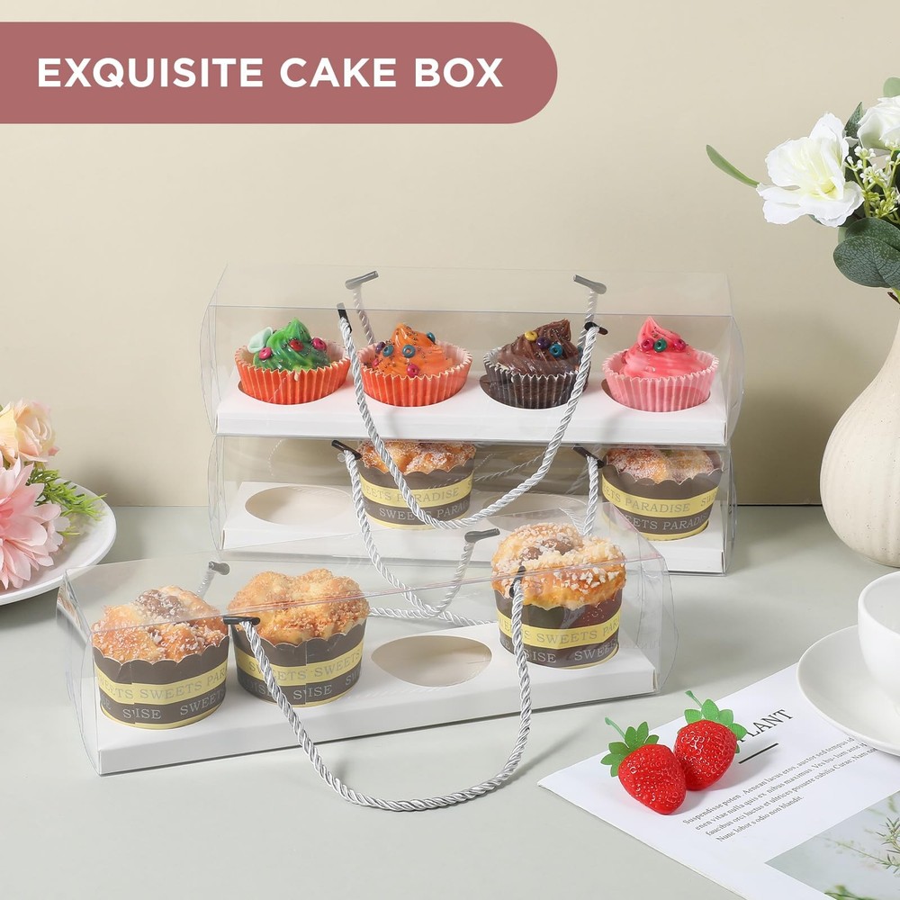 24 Pcs Clear Cupcake Boxes with Handle 12x3x3 Inch Rectangular Container Muffin