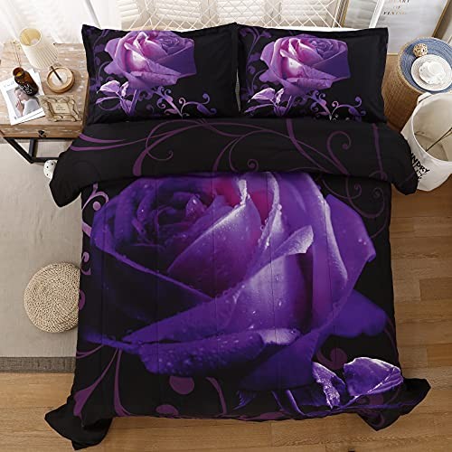 Purple Comforter Set Reversible Purple Rose Pattern Printed Bedding Down Queen