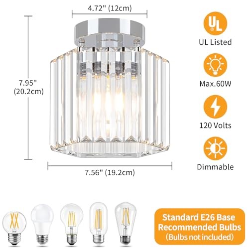 2 Pack Chrome Semi Flush Mount Ceiling Light, Modern Crystal 1-Light Chrome