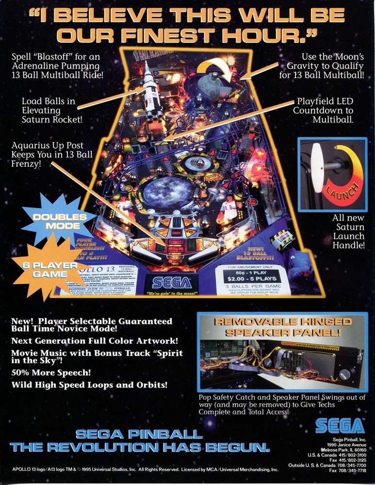 Apollo 13 Sega Pinball Flyer Mint / Brochure / Ad