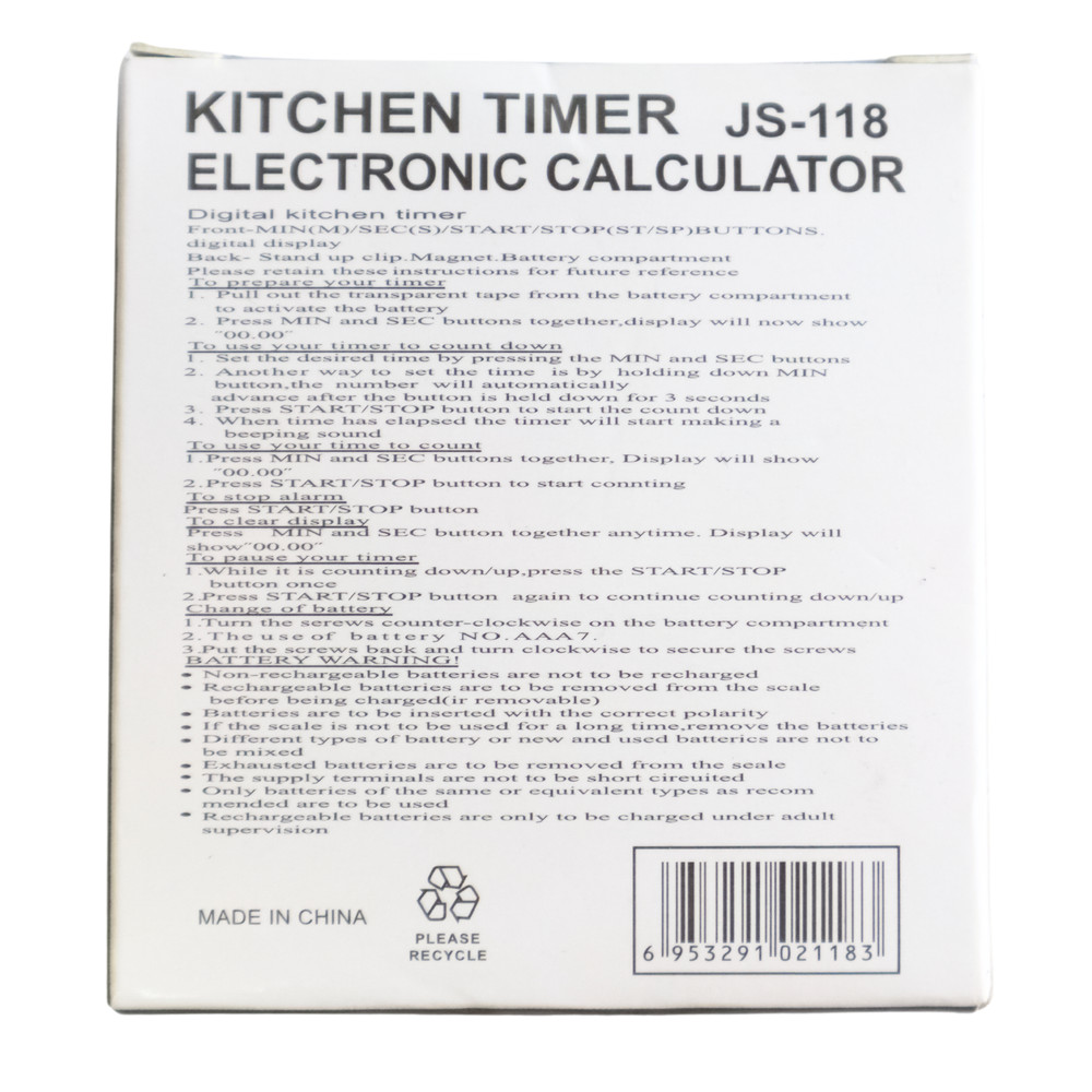 JS-118 Digital Kitchen Timer – Magnetic Countdown Clock with Loud Alarm – Black