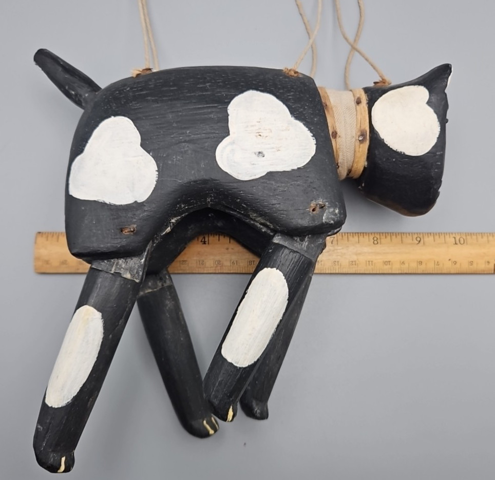 Vintage Black and White Folk Art Cat Marionette, 9" X 8.75", 15" W/Handle