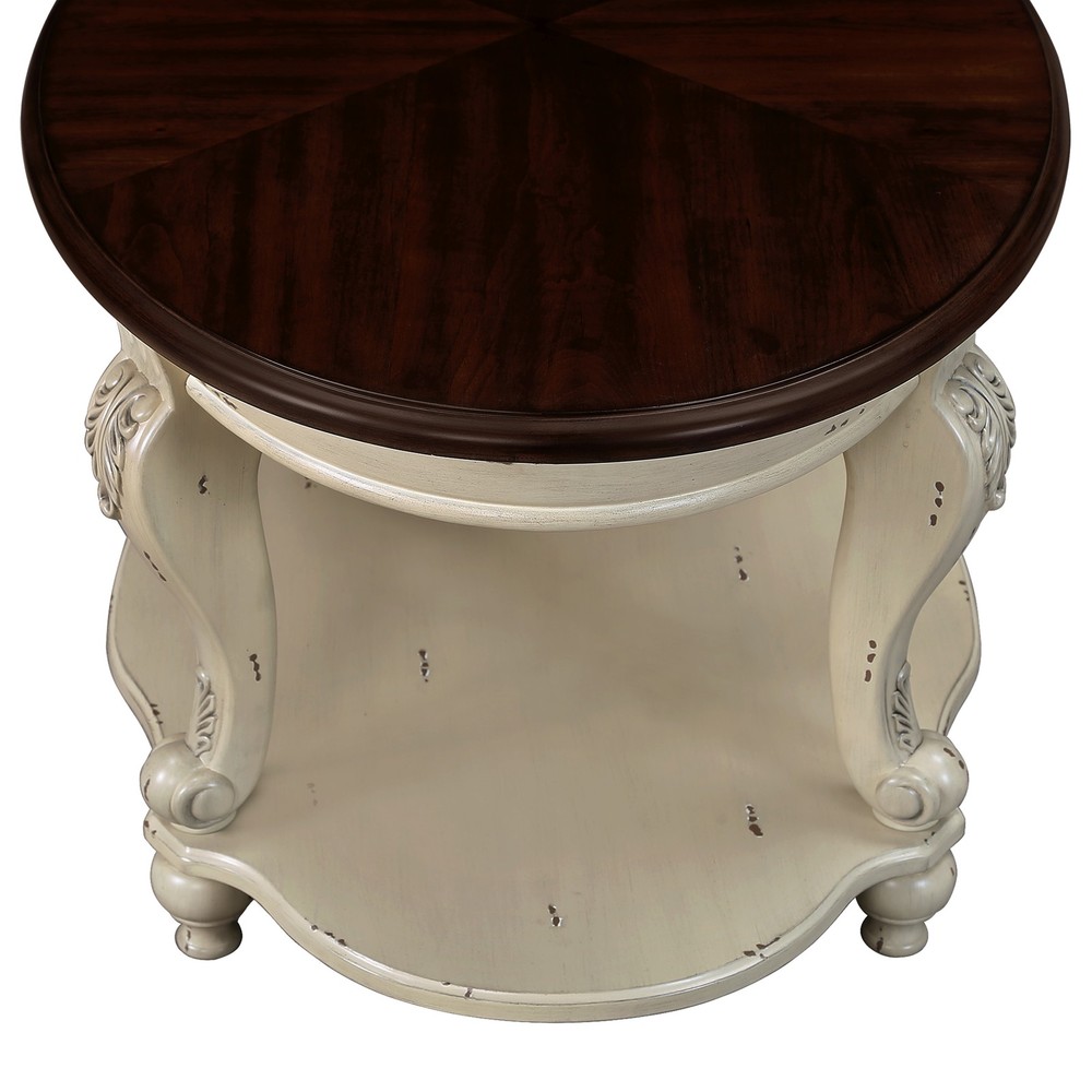 22'' Two Tone Round End Table,Solid Wood Sofa Side Table with Shelf,Living Roo