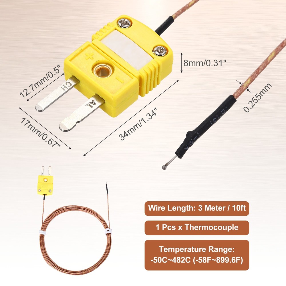 K Type Thermocouple Mini Connector Temperature Sensor 10ft, 1.3mm Wire