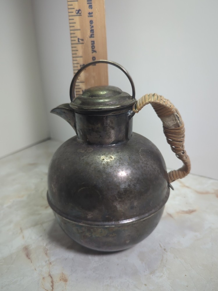 Vintage Sheffield Silver Plated Tea Pot Leaf tea strainer Bamboo Wrap Handle USA