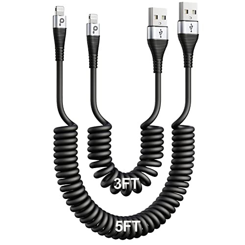 iPhone Charger Cable for Car (3FT/5FT), 2Pack Coiled Lightning Cable, [Apple MFi