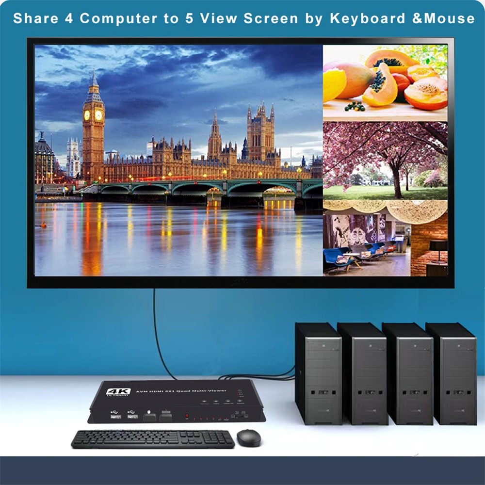 Hotkey 4K 4x1 KVM HDMI Quad Multi-Viewer Display Switch Vedio Wall Controller