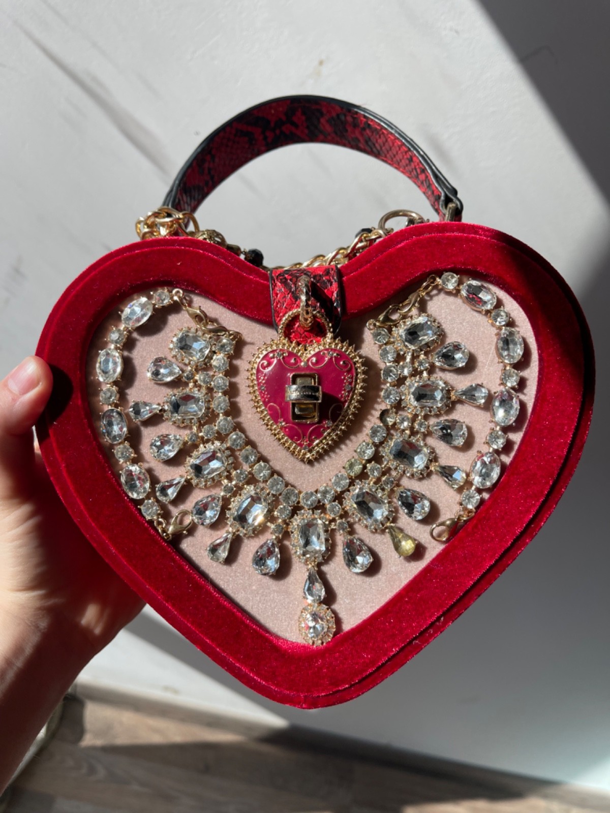 Vintage Heart Shaped Red Velvet Handbag Rhinestone Crystals Gold Chain Y2K Goth