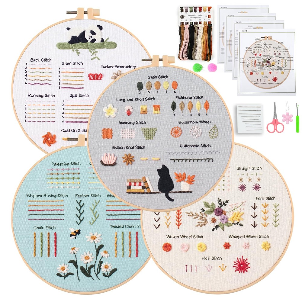 JOINRUN 4 Pack Beginner Embroidery Kit for Adults, Learn small, Panda