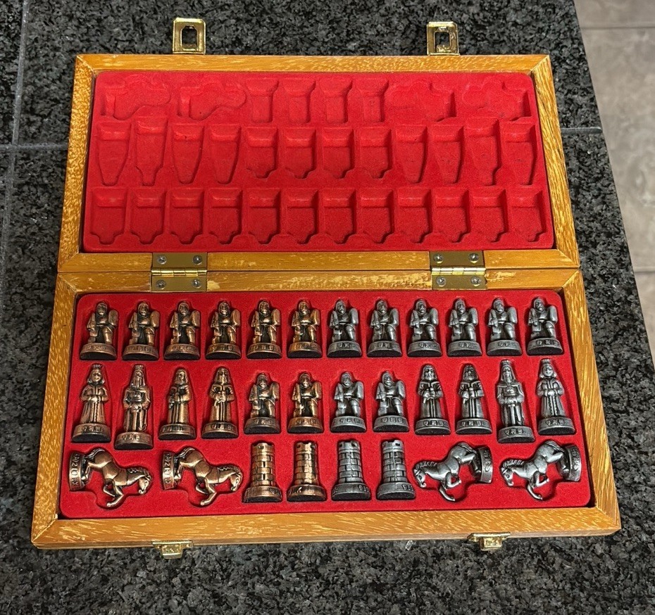 Chess Travel Hinged Wood Board Metal Bronze Silver Pieces Set Small Mini