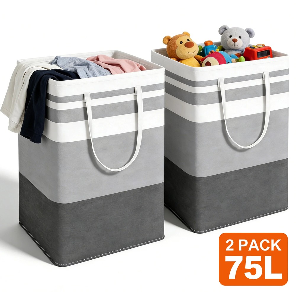 GARITIN 2 Pack Collapsible Laundry Baskets with Handles Grey