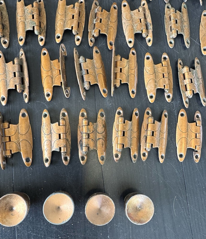 Large Lot Vintage Copper Cabinet Hinges Pulls Backplates Hardware Art Deco