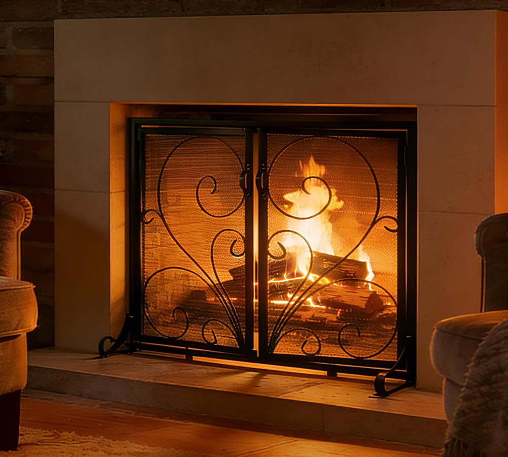 Flat Fireplace Screen with Doors,Solid Wrought Iron Frame with Metal Mesh, Flat