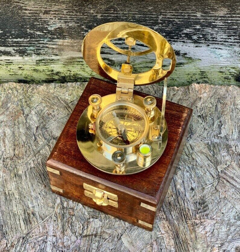 Sundial Compass Solid Brass Captain's Sundial Compass Rosewood Beautiful Compass