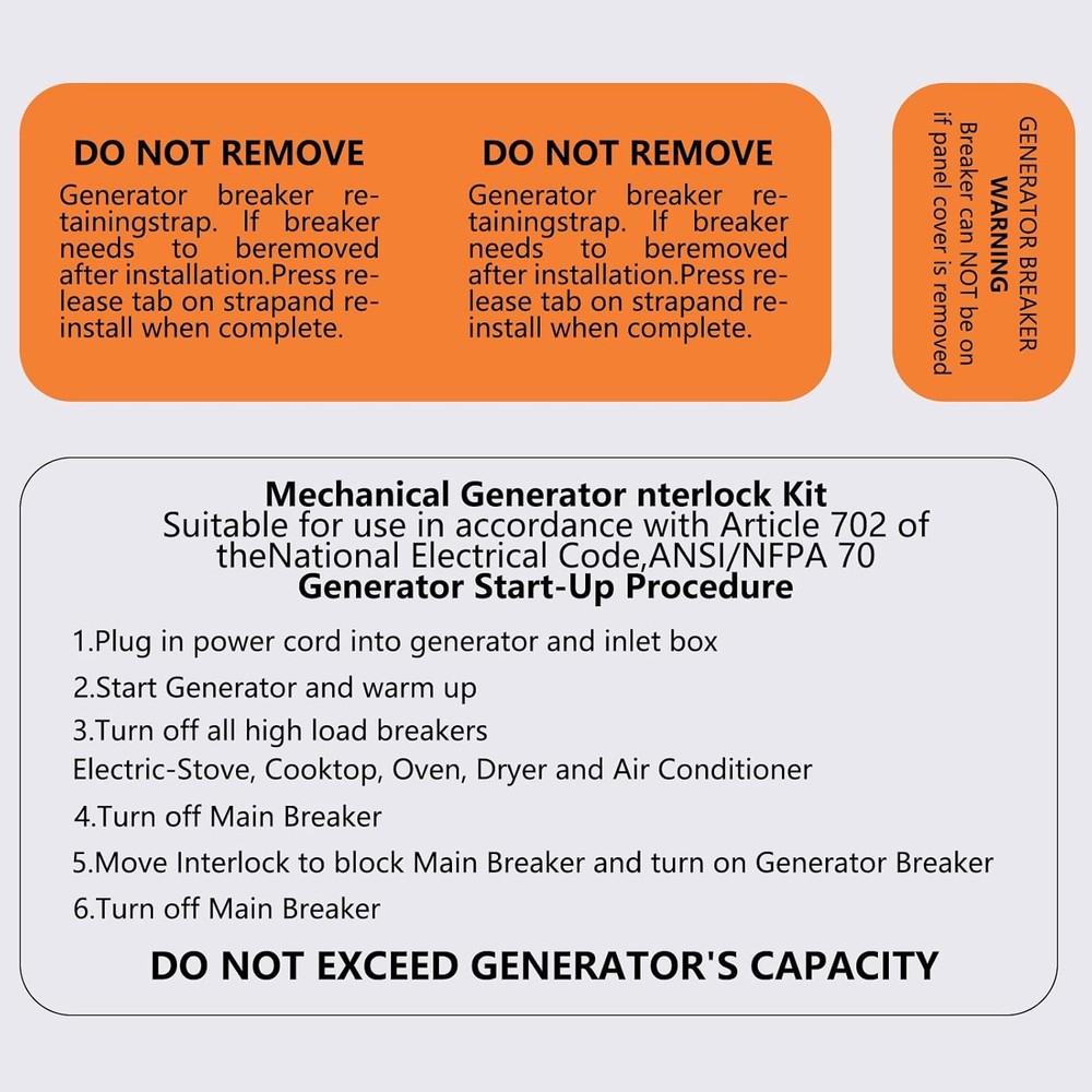 Generator Interlock Kit Compatible with Murray or Siemens 150 amp or 200 amp Pan