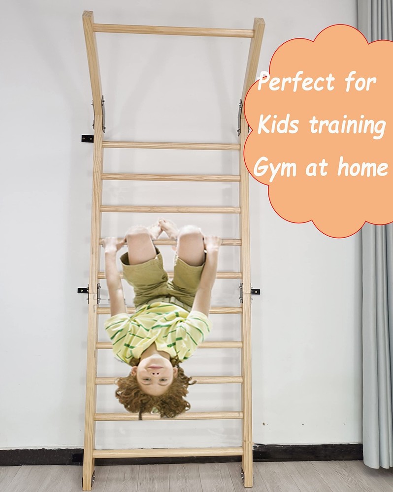 Swedish Ladder,Gymnastics Stall Bar, Wall Mounted Pull Up Bar- Solid Wood Wit...
