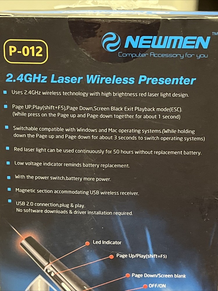 NEWMEN 2.4GHz Laser Wireless Presenter 50 Hours/MAC/Win8/USB