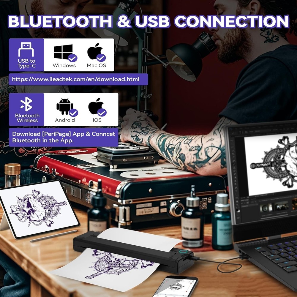 Compact P90 Tattoo Printer - Bluetooth, Thermal Printing for Pros & Beginners