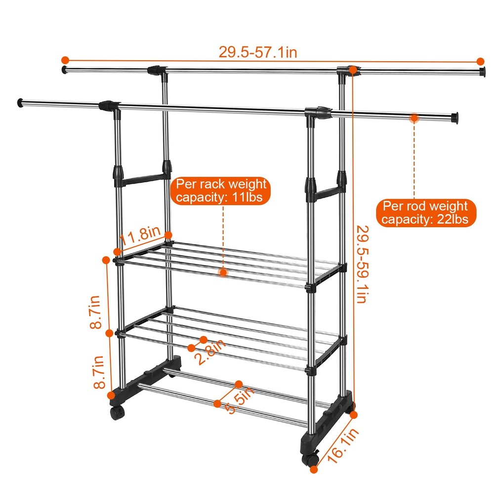 3 Tier Double Rolling Rail Garment Hanging Rack Adjustable Clothes Rack Hanger