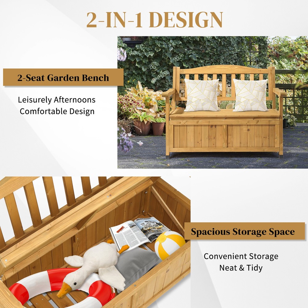 Yard Storage Bench Deck Box Wood Seating Container Tools Toys with Backrest