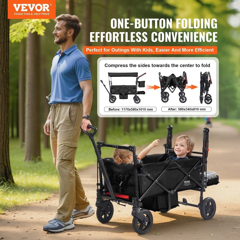 Wagon Stroller for 2 Kids, Push Pull Quad Collapsible Stroller with Adjustable