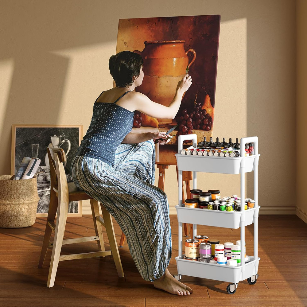 3 Tier Rolling Storage Cart with Wheels, Plastic Organizer for Kitchen Bathroom