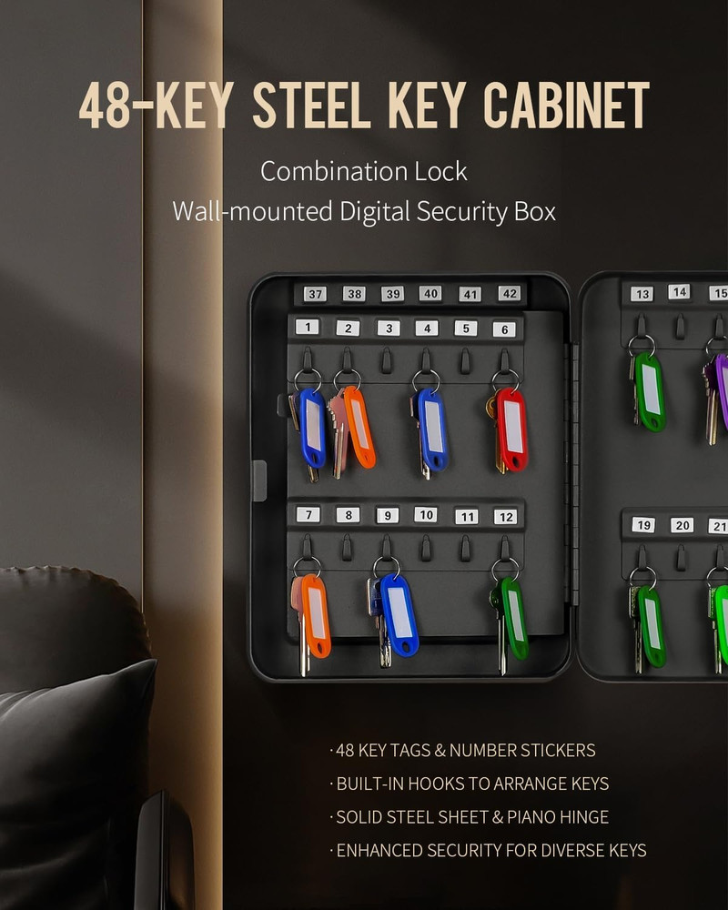 48 Position Key Cabinet with Combination Lock Resettable Black Digital Security