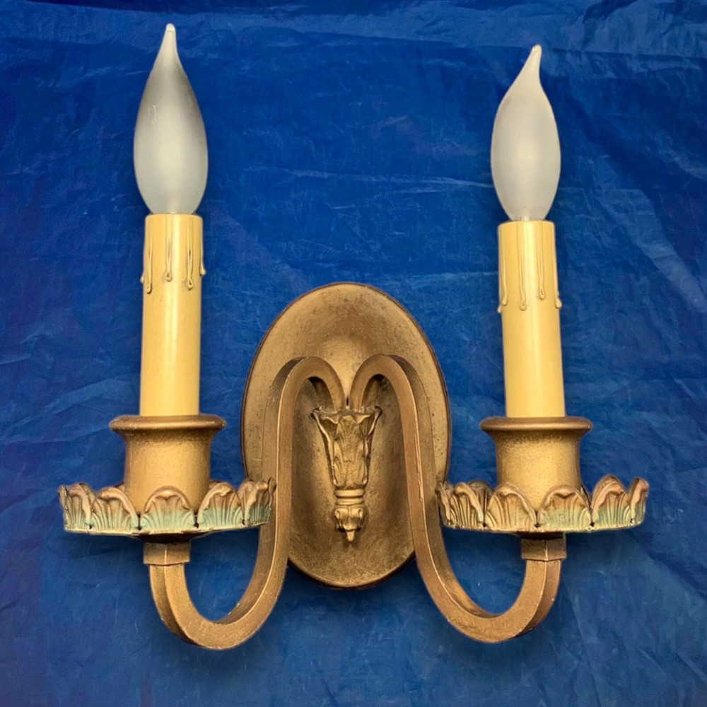 Single Wired Brass Antique Double Candle Sconce Great Rewired 62E