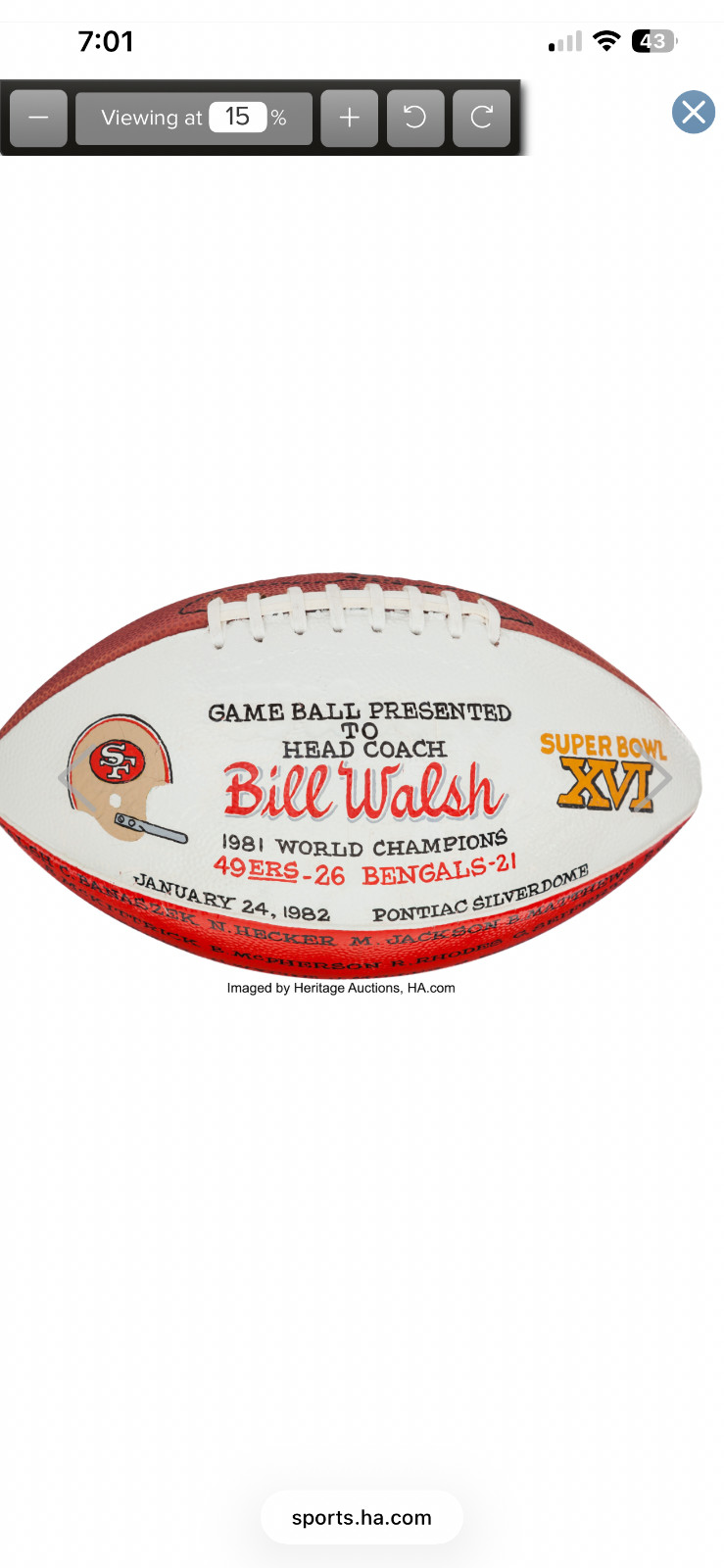 1985 Super Bowl XIX Football 49ers Dolphins game ball