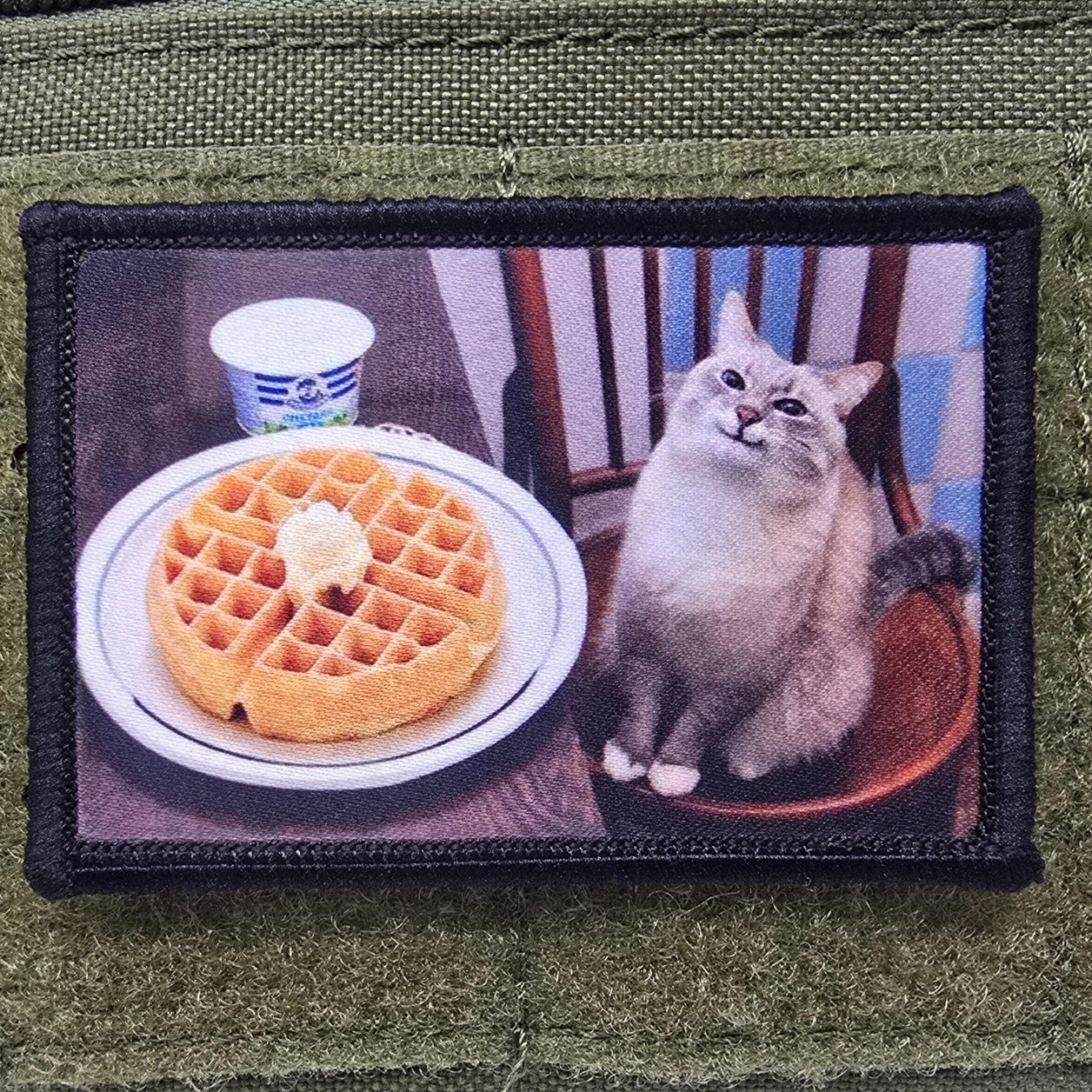 Cat Waffle Patch Moral Tactical Meme Funny Cute Silly Flag Hook & Loop 3x2