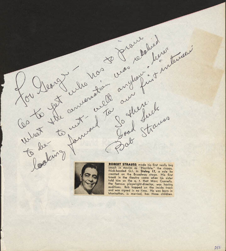 ROBERT STRAUSS - AUTOGRAPH NOTE SIGNED CO-SIGNED BY: JERI SOUTHERN