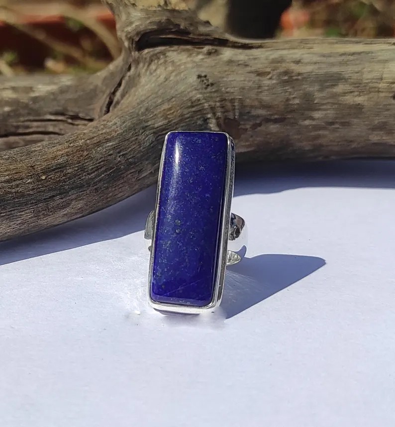 Solid 925 Sterling Silver Natural Lapis Lazuli Rectangle Blue Gemstone Band Ring