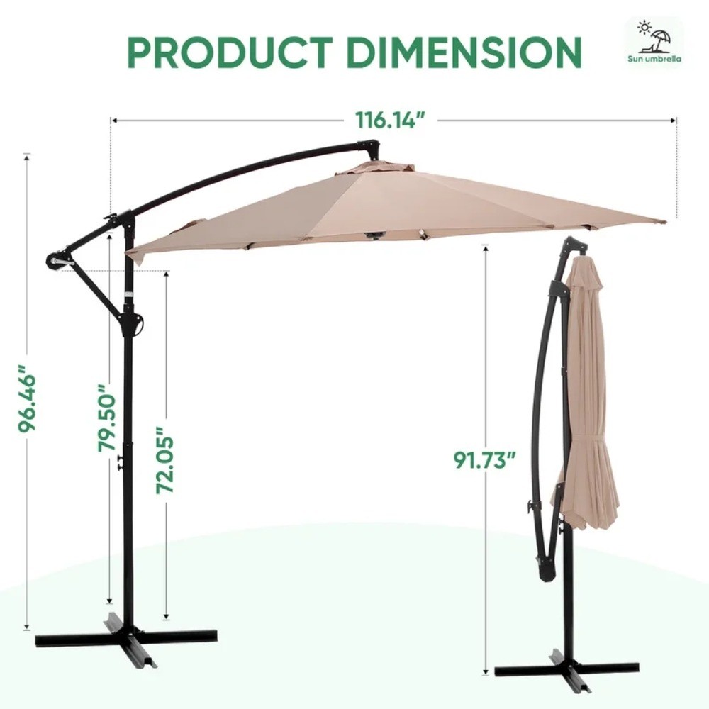 10ft Offset Hanging Patio Umbrella with Aluminum Stand, 8 Ribs, Khaki