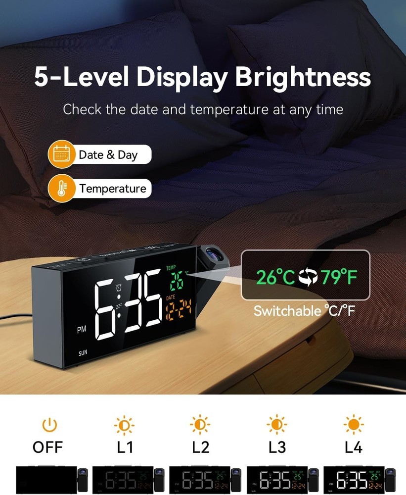 Clear LED Projection Alarm Clock: 3-Level Brightness and Snooze Functionality