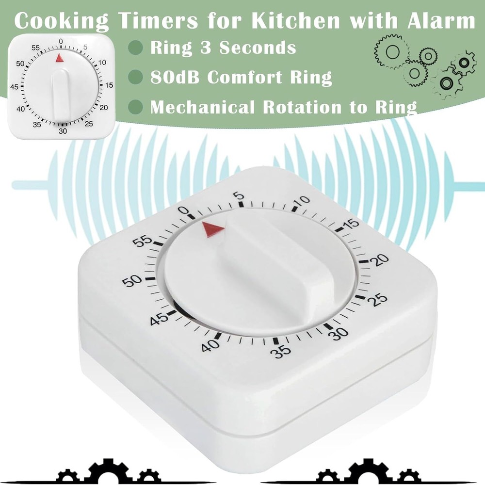 1/2x Square 60-minute Mechanical Kitchen Timer Battery-free Learning Alarm Clock
