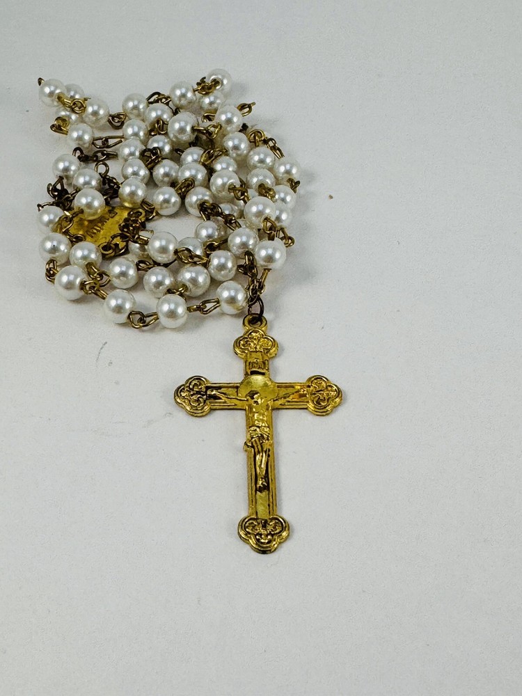 Vintage Rosary Faux Pearls Goldtone Purity 20"