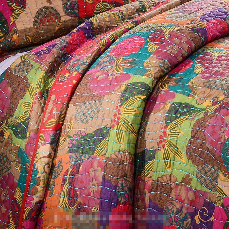 JEWEL RED 3p King QUILT SET : COTTON MOROCCAN BOHO FLORAL EXOTIC PRINT COMFORTER