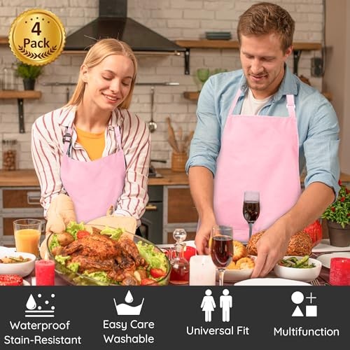 4 Packs Chef Apron with 2 Pockets, Waterproof Adjustable Polyester Blend Pink