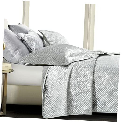 Silk Satin Quilt Set, Geometric Pattern Bedspread Luxury Quilted King Silver