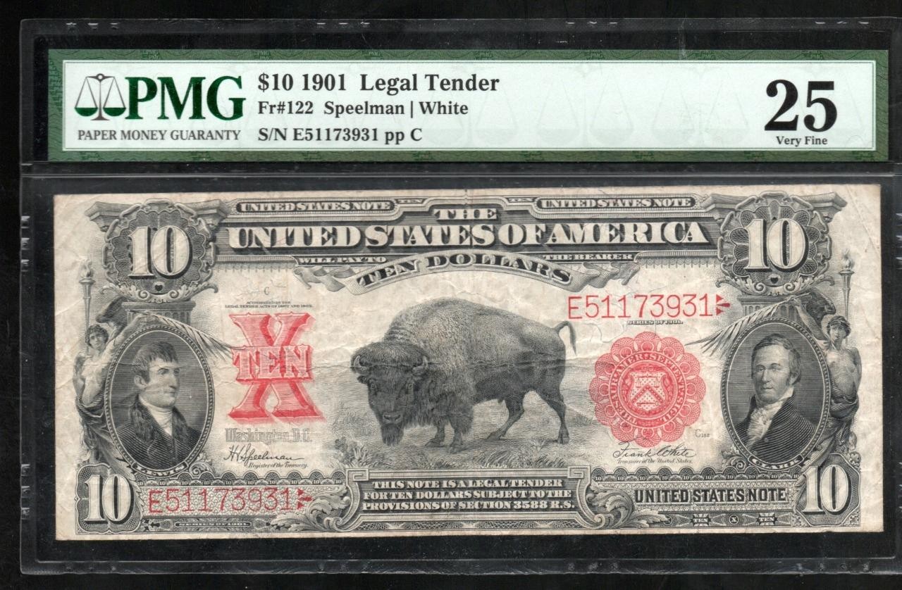 AC Fr 122 1901 $10 Legal Tender PMG 25... BISON !!!